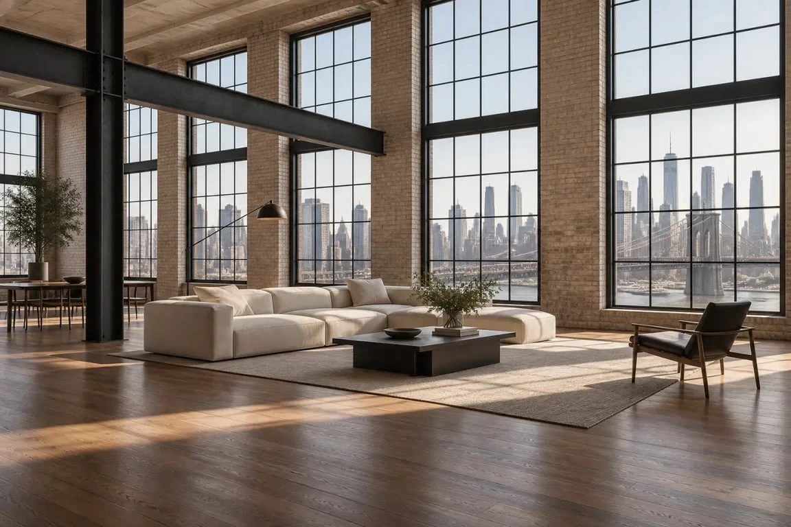 Location loft New York vacances dans un intérieur industriel avec briques apparentes et grandes fenêtres