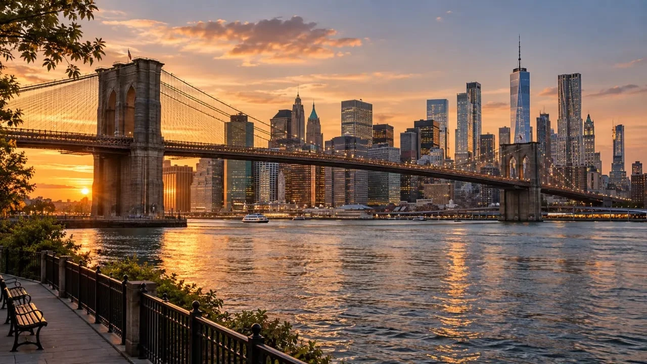 Brooklyn Heights à New York vu depuis la promenade avec le Brooklyn Bridge et la skyline de Manhattan