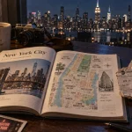 geo guide new york, cartes et quartiers de Manhattan, bureau avec guide papier