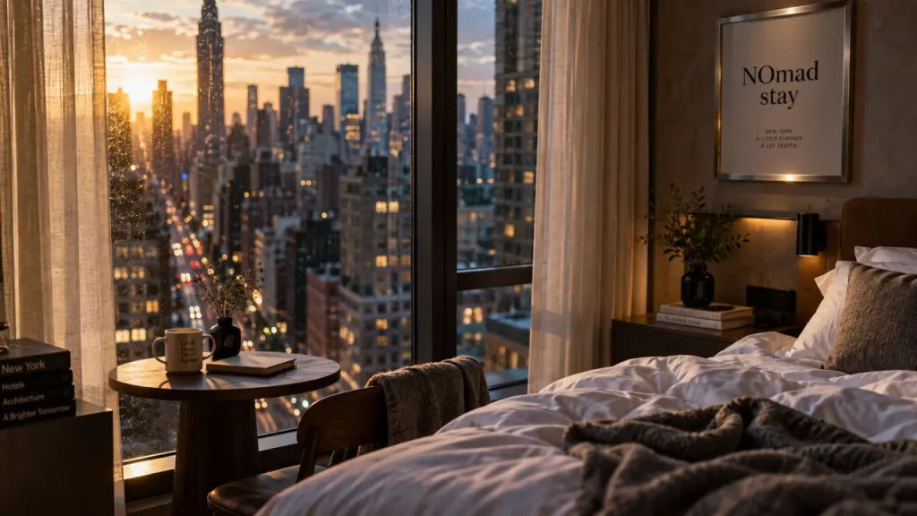 Hôtel Arlo NoMad New York City : vue skyline depuis une chambre compacte