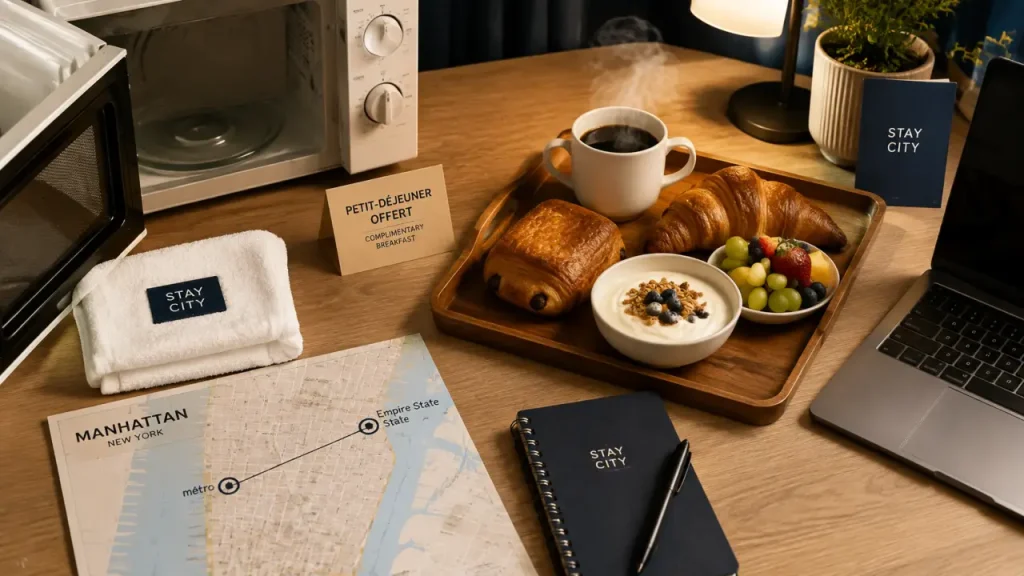 Hôtel Hyatt House New York Chelsea : petit-déjeuner gratuit et kitchenette, vue flat-lay
