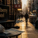 hôtel mulberry new york à Chinatown, pancarte Mulberry Hotel au petit matin
