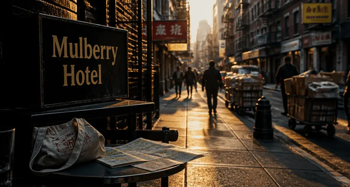 hôtel mulberry new york à Chinatown, pancarte Mulberry Hotel au petit matin