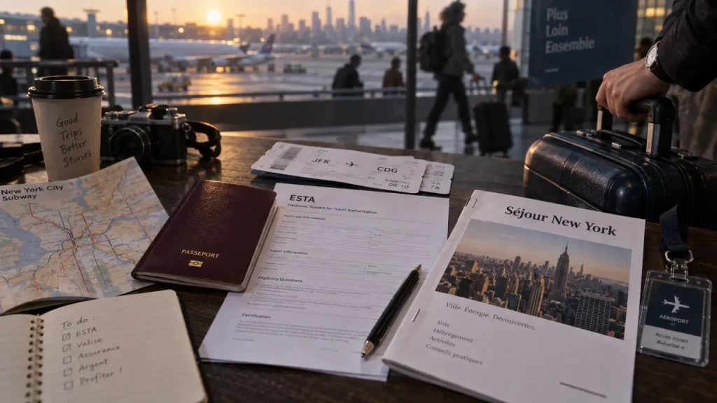 lidl voyage new york : passeport, ESTA et billets près d’une valise