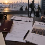 lidl voyage new york : passeport, ESTA et billets près d’une valise