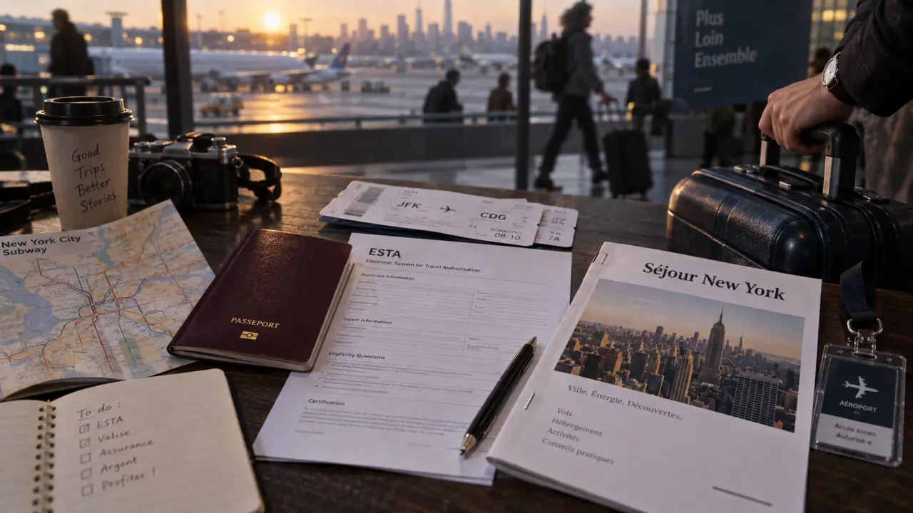 lidl voyage new york : passeport, ESTA et billets près d’une valise