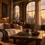 Location loft New York vacances, salon industriel avec briques, tuyaux et lumière dorée