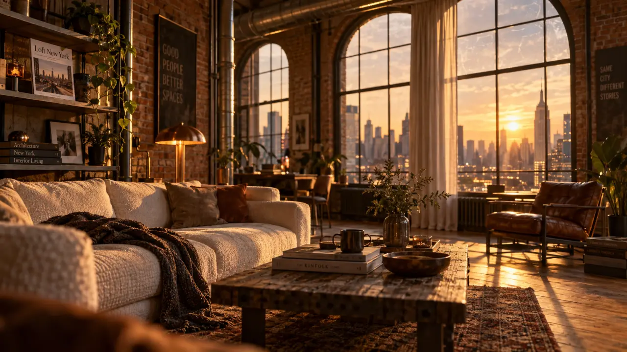 Location loft New York vacances, salon industriel avec briques, tuyaux et lumière dorée