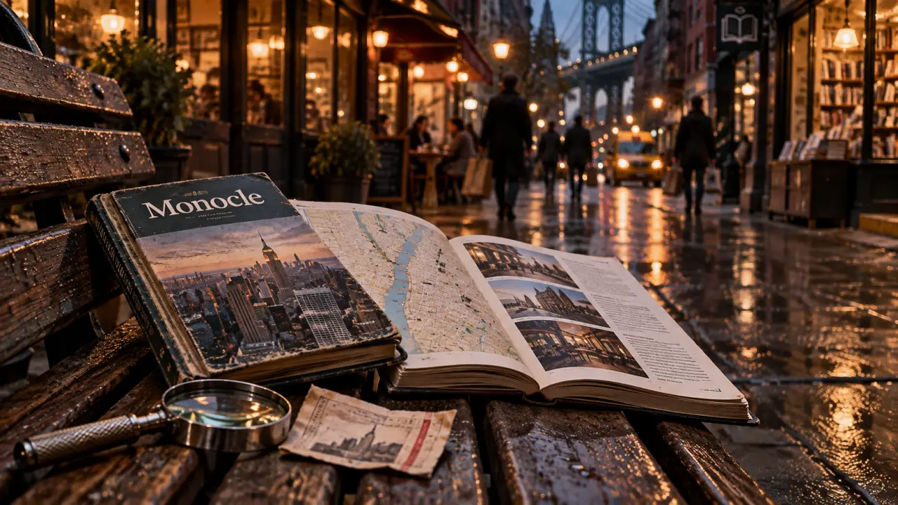 monocle guide new york sur un banc, cartes de quartier à New York
