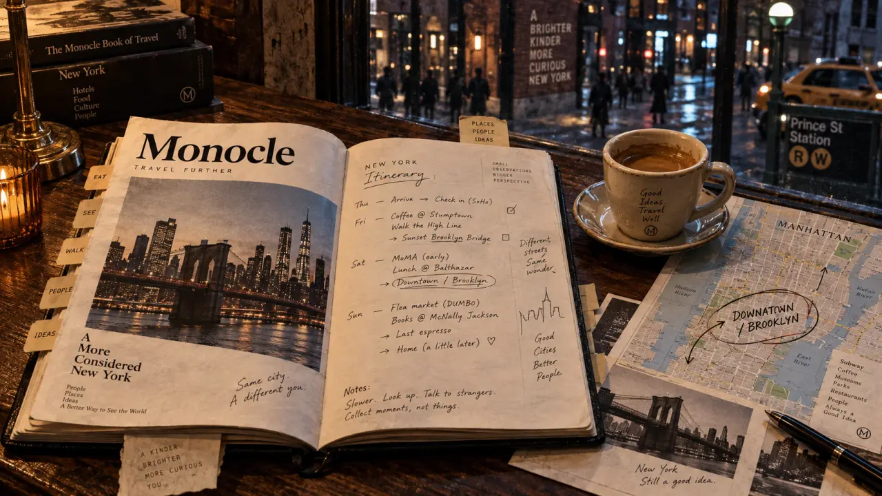 Monocle guide new york sur table bois, carte Manhattan Downtown