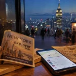 New York Go Explorer Pass sur carnet kraft, vue Manhattan au crépuscule