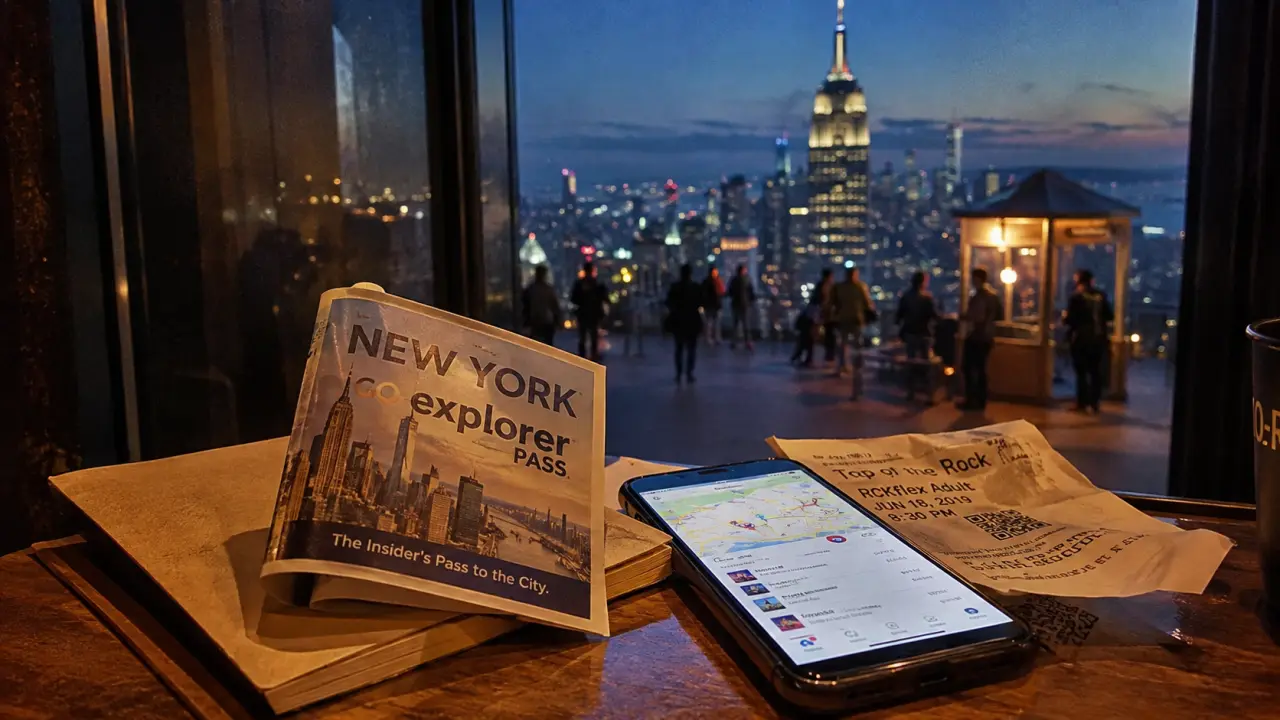New York Go Explorer Pass sur carnet kraft, vue Manhattan au crépuscule