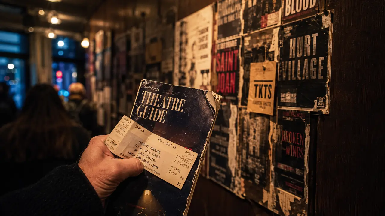 New York theatre guide : billets et guide papier dans un couloir de théâtre à Manhattan