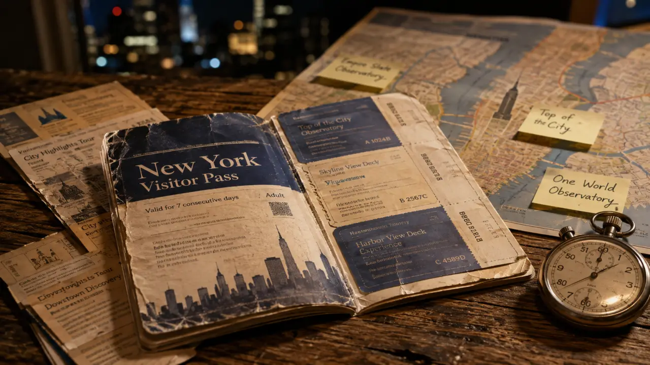 New York Visitor Pass sur table, billets et plan de Manhattan