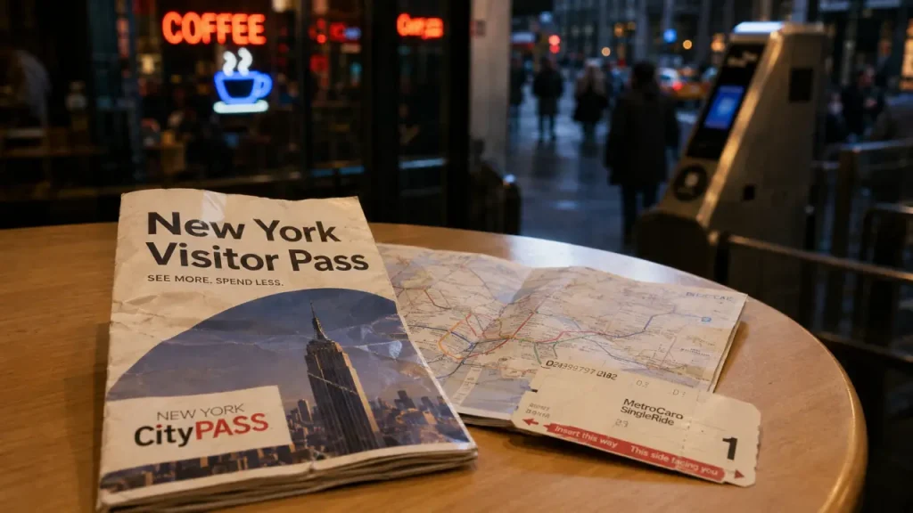 New York Visitor Pass sur table à Midtown, plan métro et billet