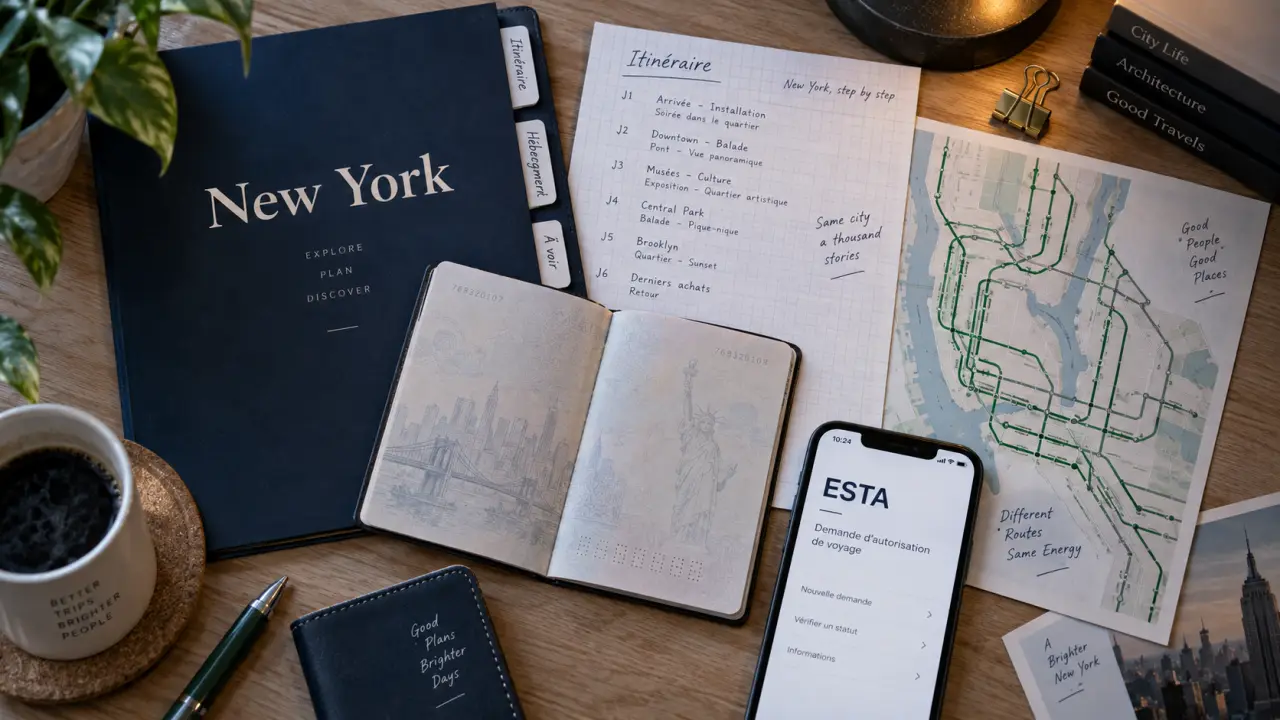 official guide new york : passeport et ESTA sur bureau