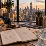 Plum Guide New York : salon contemporain avec skyline visible