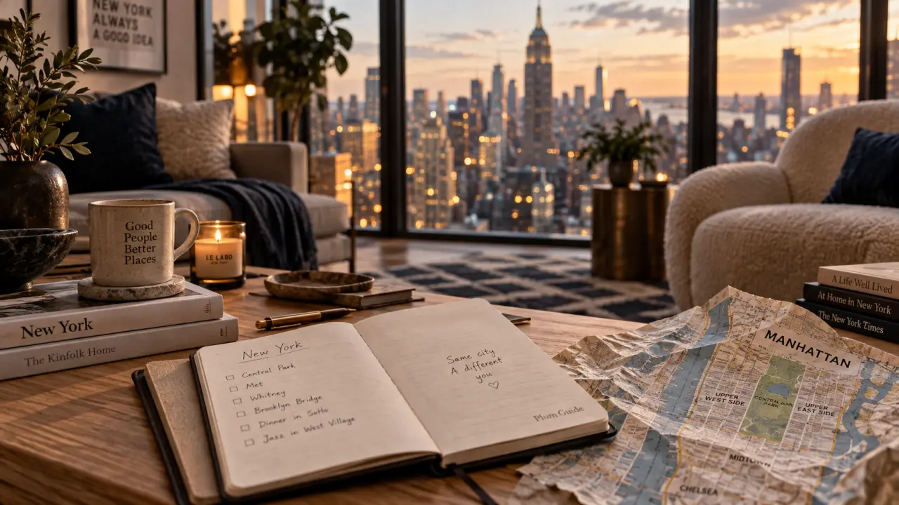 Plum Guide New York : salon contemporain avec skyline visible