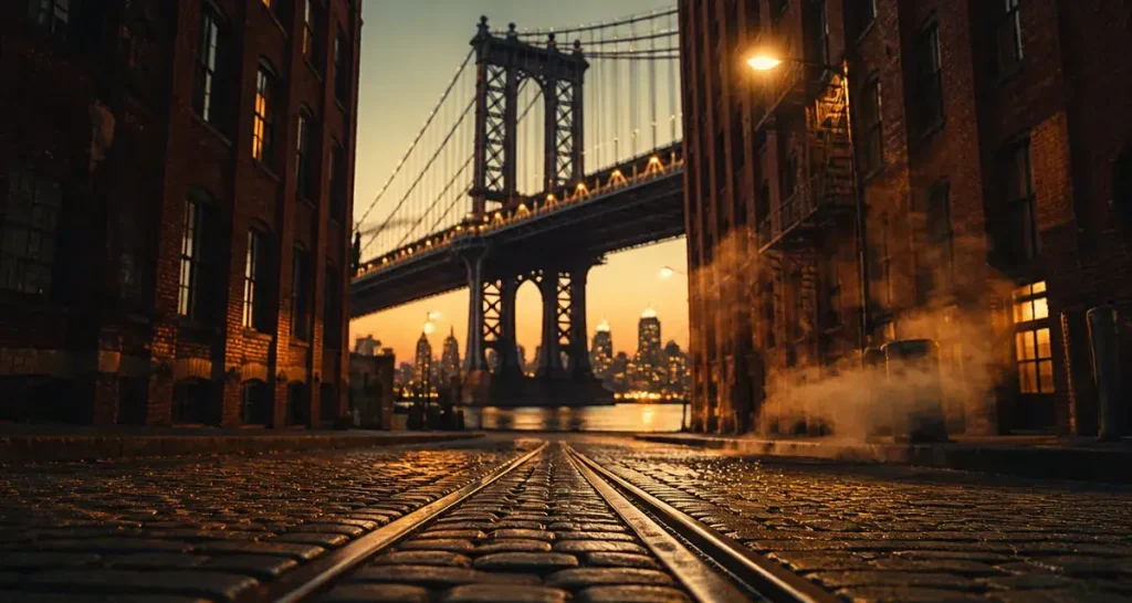 Visiter dumbo new york : Manhattan Bridge entre immeubles, reflets sur l’East River