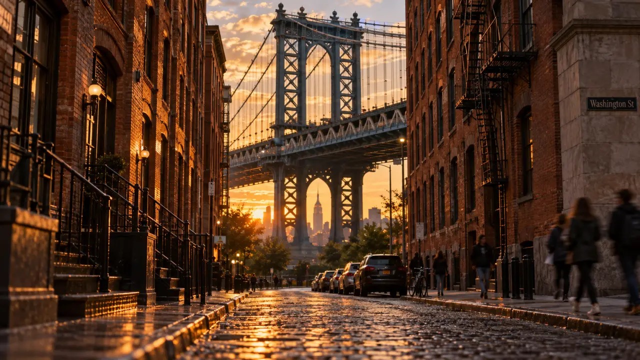 Visiter dumbo new york : vue Washington Street vers Manhattan Bridge