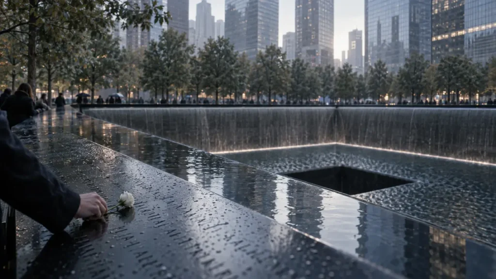 Visiter mémorial 11 septembre New York : bassins et noms gravés, visite en silence