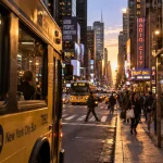 Visiter New York en bus : vue depuis l’arrêt, bus jaune et Manhattan