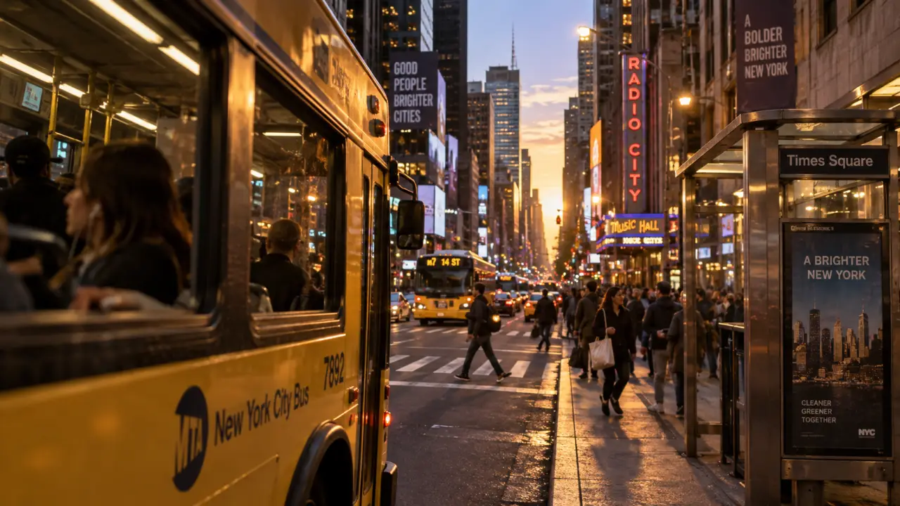 Visiter New York en bus : vue depuis l’arrêt, bus jaune et Manhattan