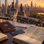 Voyage 0 New York : budget vols et pass, passeport et carte près d’une fenêtre