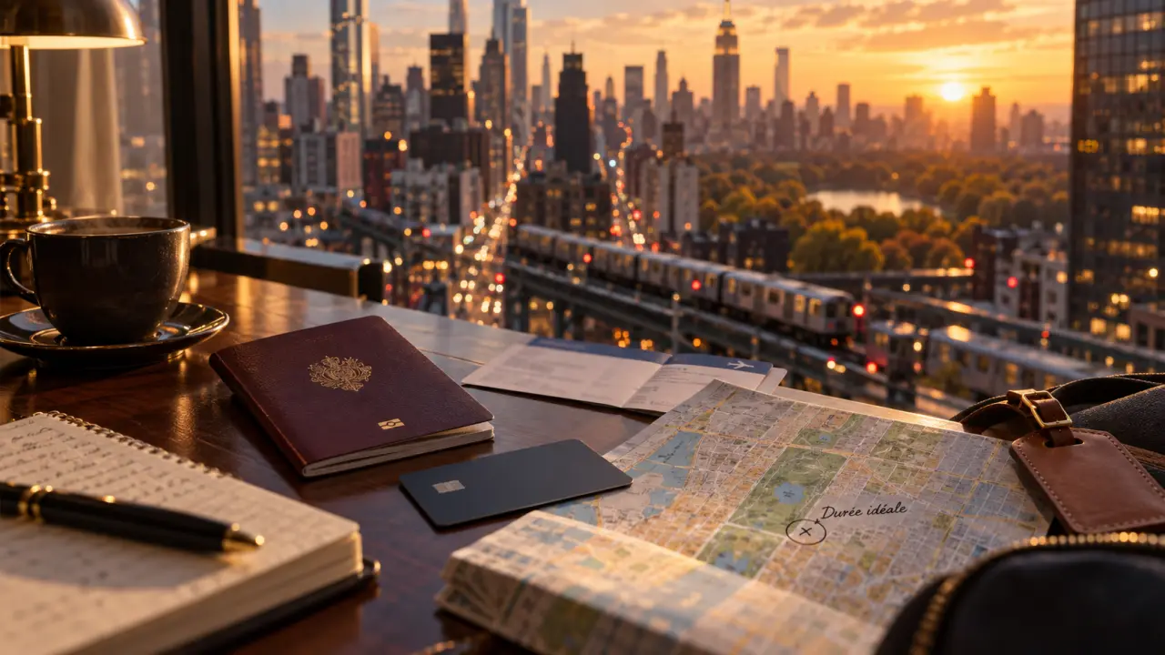 Voyage 0 New York : budget vols et pass, passeport et carte près d’une fenêtre