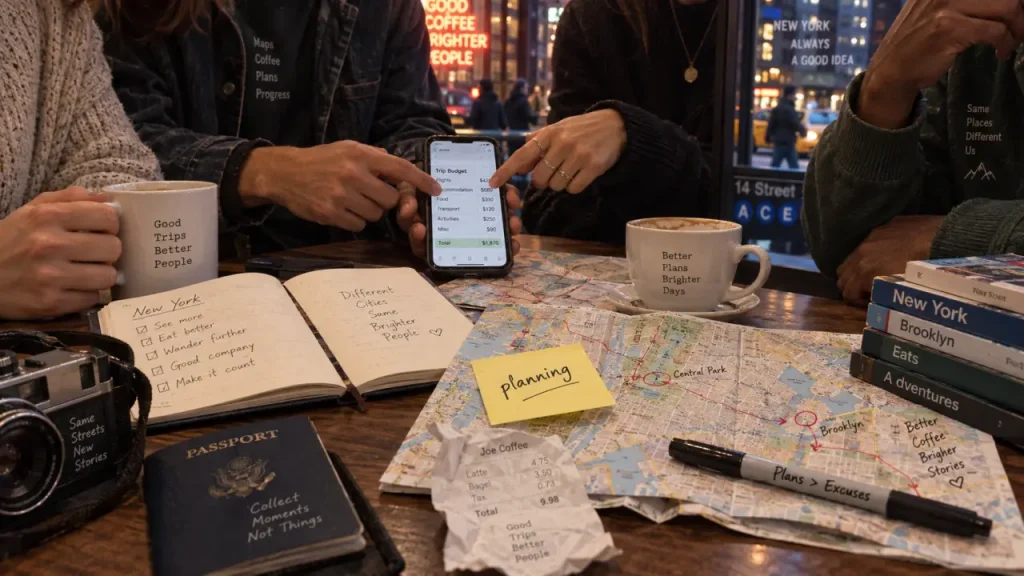 Voyage groupe New York : amis comparent budget en café, itinéraire et plan en ville