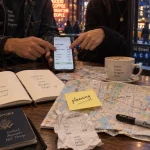 Voyage groupe New York : amis comparent budget en café, itinéraire et plan en ville