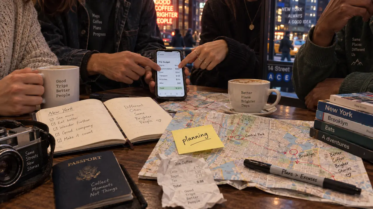 Voyage groupe New York : amis comparent budget en café, itinéraire et plan en ville