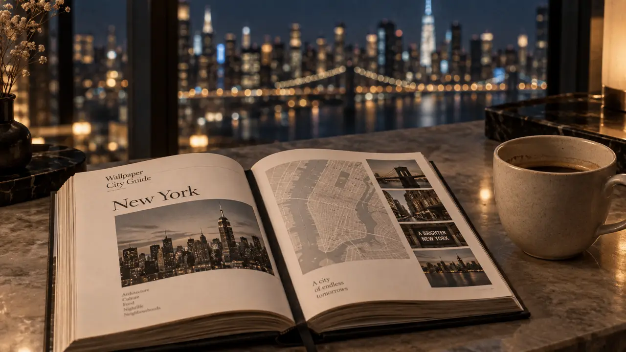 Wallpaper city guide new york : livre ouvert sur New York, café et skyline floue