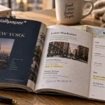 Wallpaper city guide new york : city guide ouvert sur table bois
