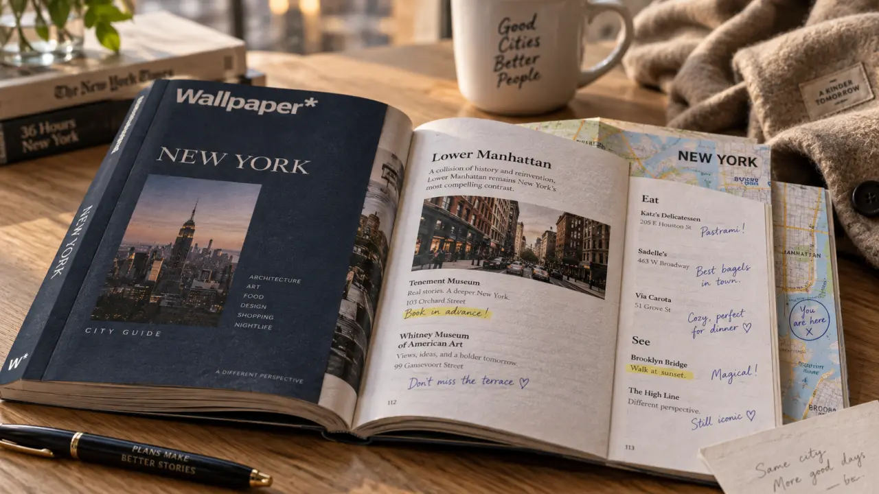 Wallpaper city guide new york : city guide ouvert sur table bois
