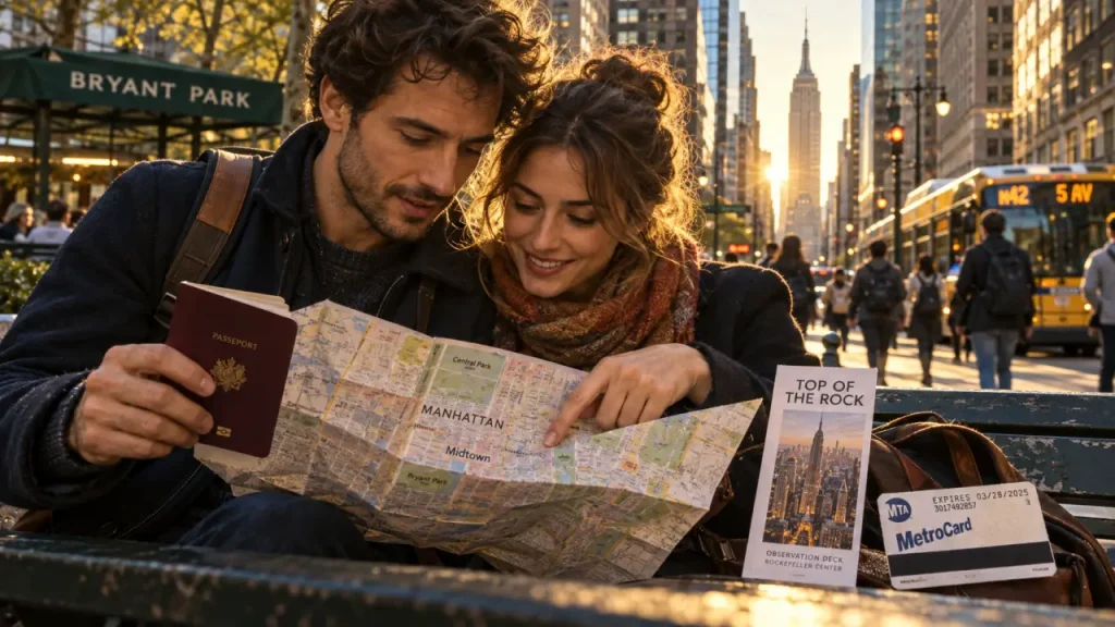 Blog voyage New York 5 jours : couple près de Bryant Park, carte et ticket métro