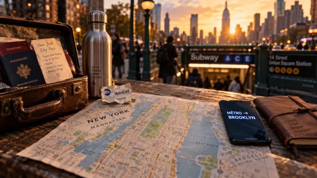 bons plans voyage new york : carte Manhattan, tickets métro, vue Brooklyn