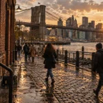 Brooklyn à DUMBO, Brooklyn Bridge et East River au coucher du soleil