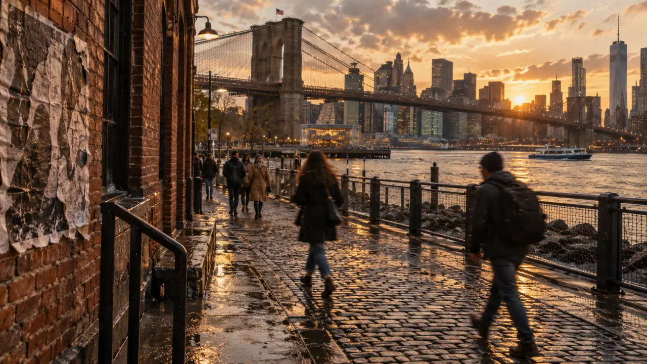 Brooklyn à DUMBO, Brooklyn Bridge et East River au coucher du soleil