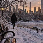 Central Park New York en hiver : neige et skyline de Manhattan