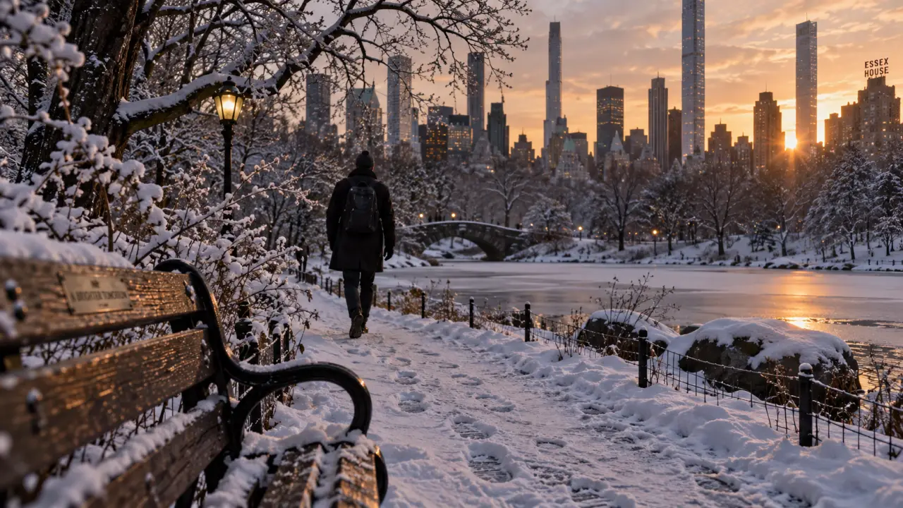 Central Park New York en hiver : neige et skyline de Manhattan