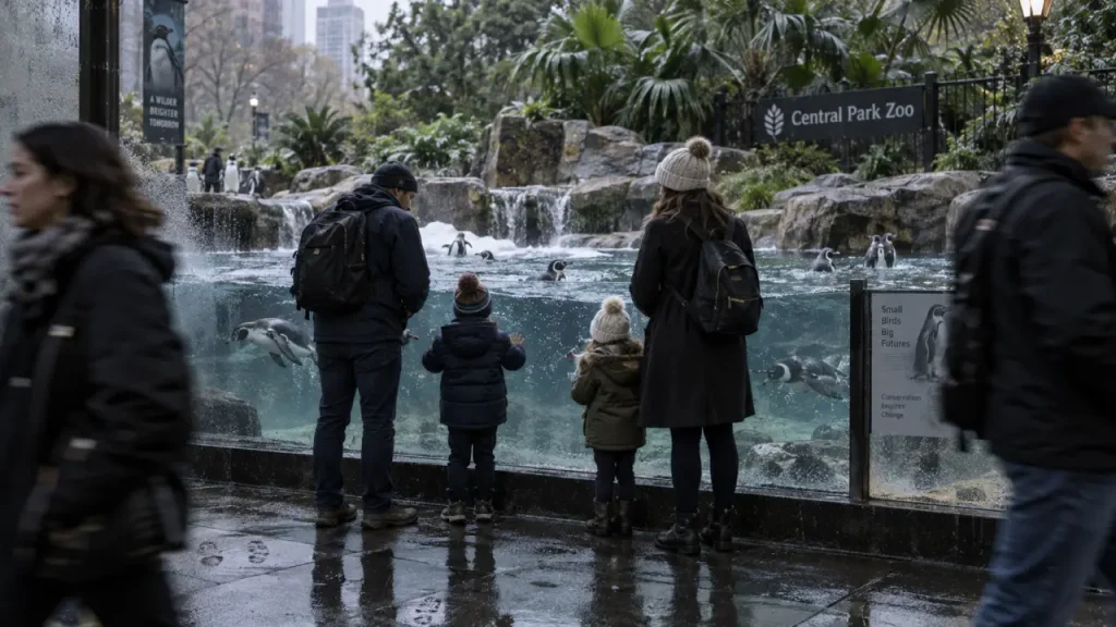 Central Park Zoo New York : famille devant un bassin de pingouins