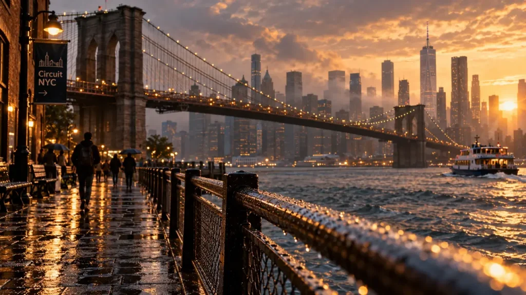 Circuit NYC à DUMBO, vue du pont de Brooklyn et skyline