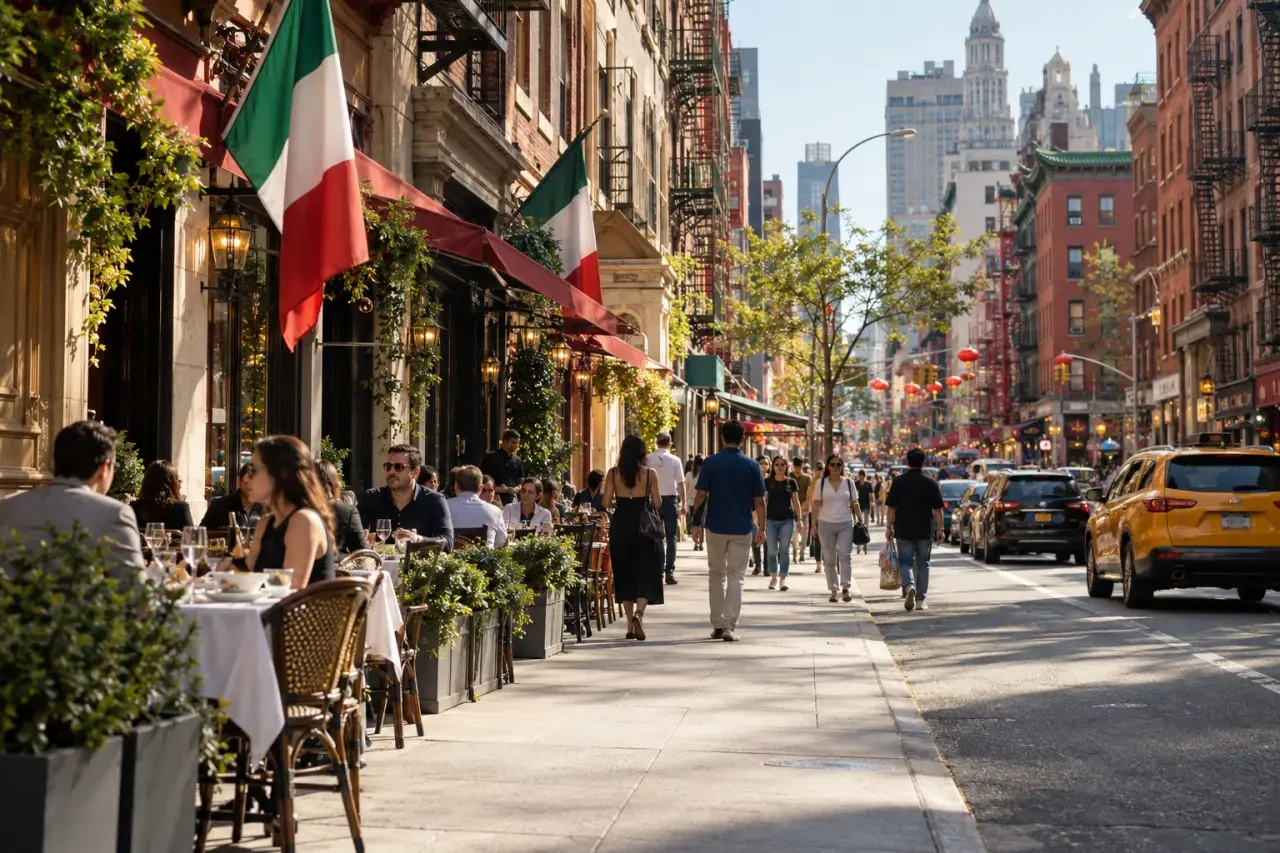 Little Italy in Manhattan à New York, vue de Mulberry Street et de ses restaurants italiens
