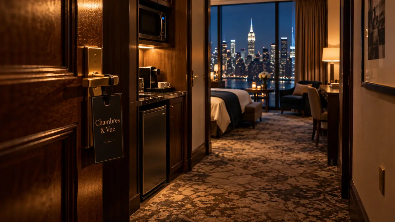 Hilton Garden Inn New York Central Park : couloir d’hôtel et chambre avec vue