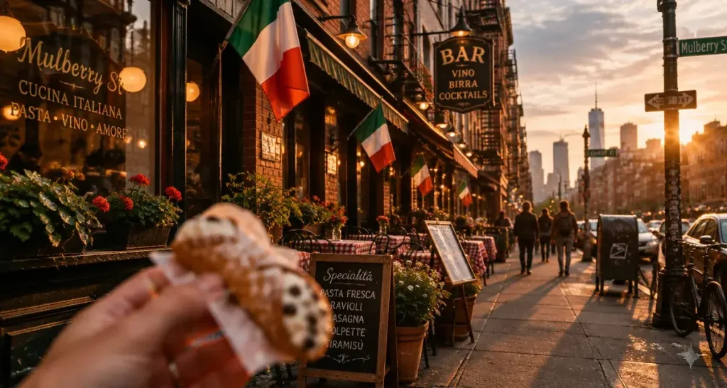 Little Italy in Manhattan New York : Mulberry Street à l’heure dorée, cannoli et drapeaux italiens