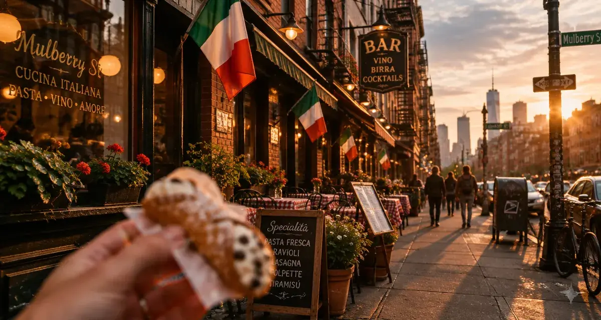 Little Italy in Manhattan New York : Mulberry Street à l’heure dorée, cannoli et drapeaux italiens