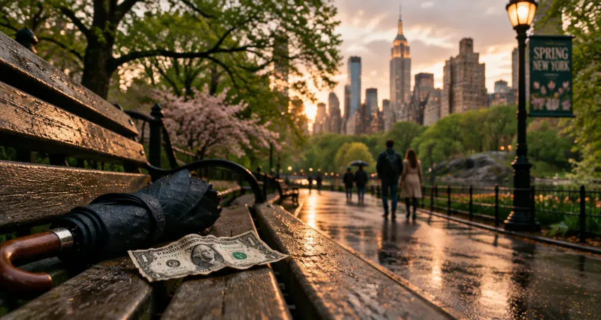 Meilleur periode pour visiter new york : printemps à Central Park, parapluie et billets sur banquette