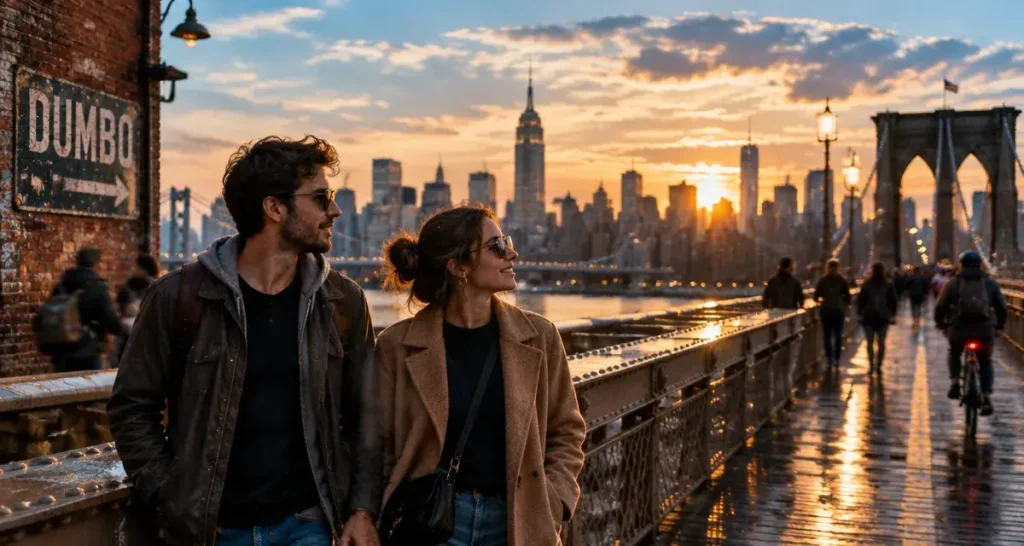 Monument a visiter a new york : Brooklyn Bridge avec skyline Midtown et Empire State Building