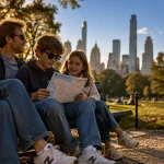 Organiser un voyage à New York en famille : famille à Central Park près du panneau